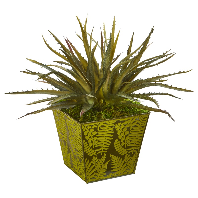 12” Aloe Succulent Artificial Plant In Green Tin Planter