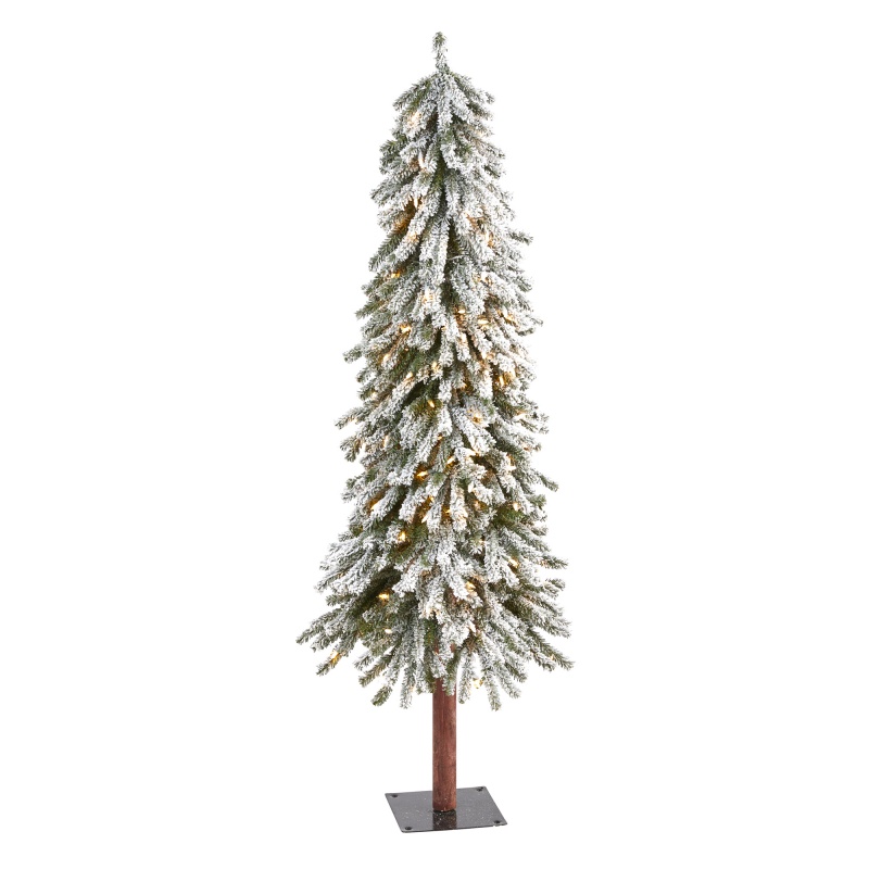 5’ Flocked Grand Alpine Artificial Christmas Tree With 200 Clear Lights And 469 Bendable Branches On Natural Trunk