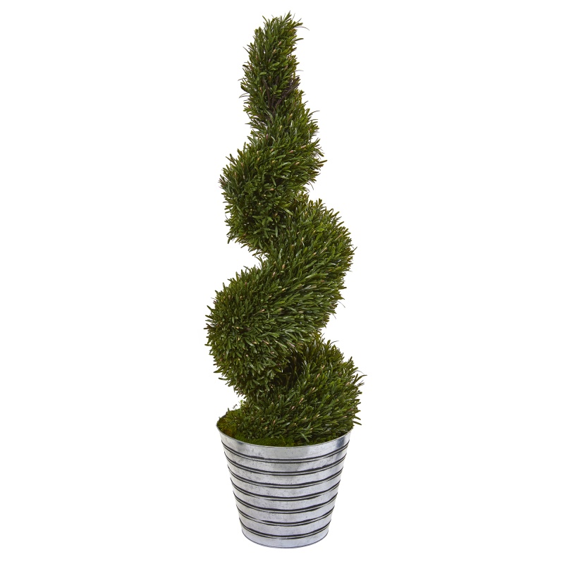 53” Rosemary Spiral Topiary Artificial Tree In Decorative Tin Bucket (Indoor/Outdoor)