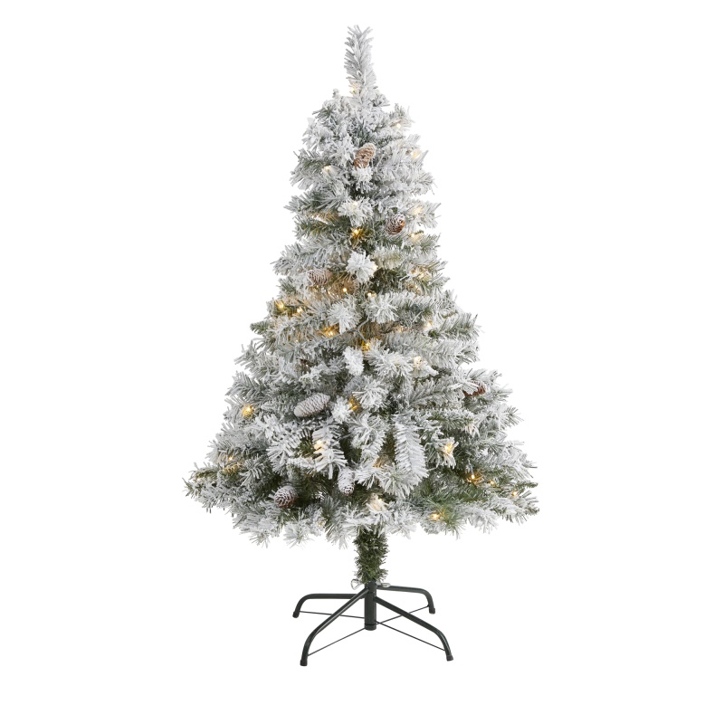 4' Flocked White River Mountain Pine Artificial Christmas Tree With Pinecones And 100 Clear Led Lights
