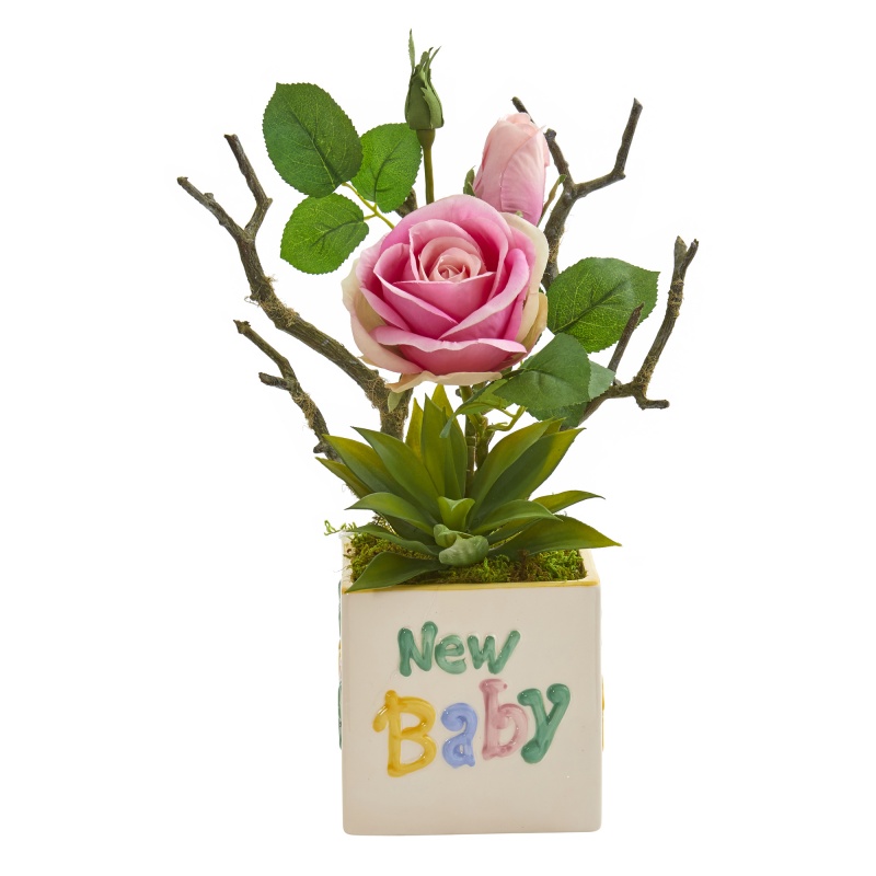 15” Rose And Agave Artificial Arrangement In “New Baby” Vase