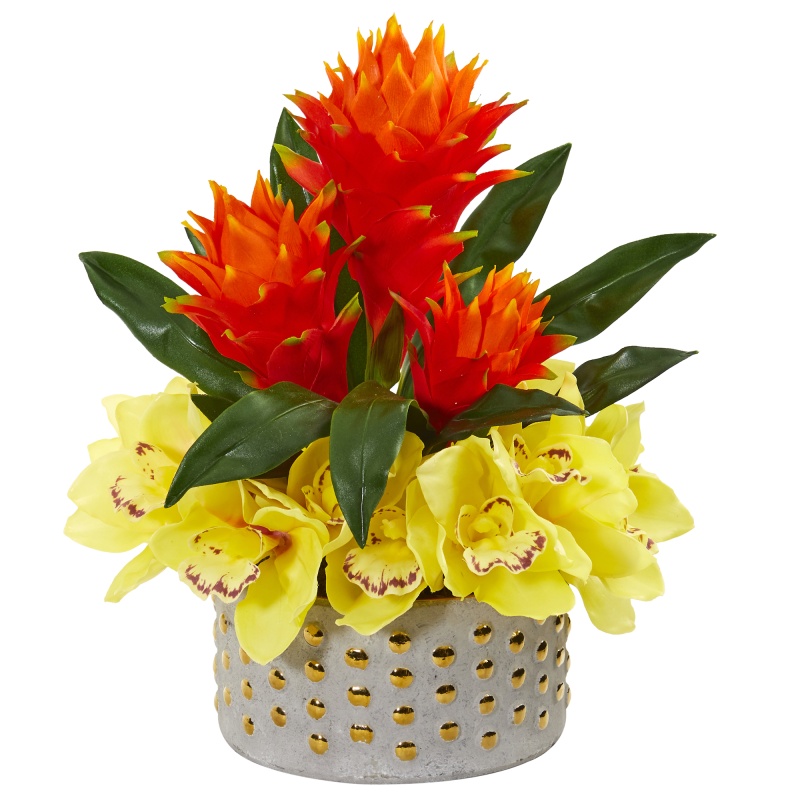 Cymbidium Orchid And Bromeliad Artificial Arrangement