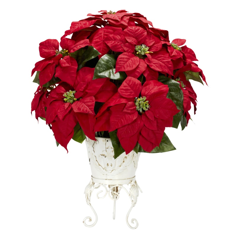 Poinsettia w/ Metal Planter Silk Flower Arrangement