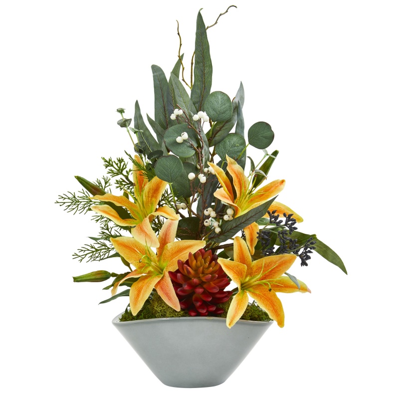 22” Lilies, Succulent And Eucalyptus Artificial Arrangement