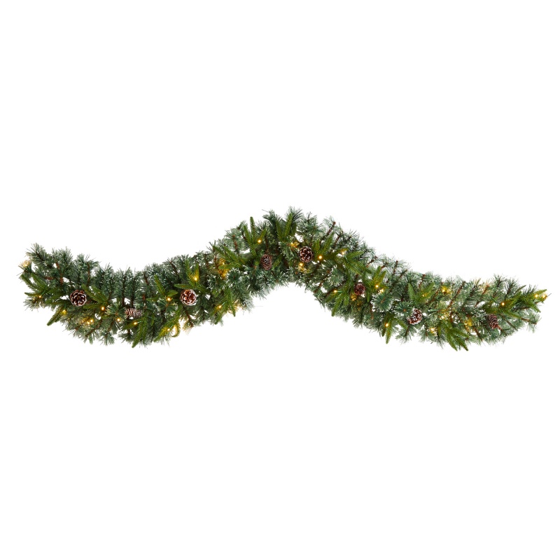 6' Snow-Tipped Christmas Artificial Garland with 35 Clear LED Lights and Pine Cones