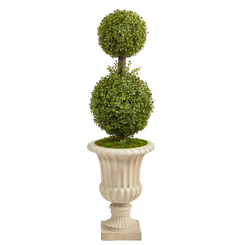 4’ Double Boxwood Topiary Artificial Tree In Sand Finished Urn