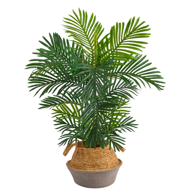 40” Areca Palm Tree In Boho Chic Handmade Cotton & Jute Gray Woven Planter Uv Resistant