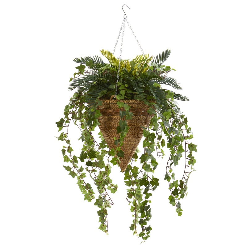 41” Cycas And Ivy Artificial Plant In Hanging Basket