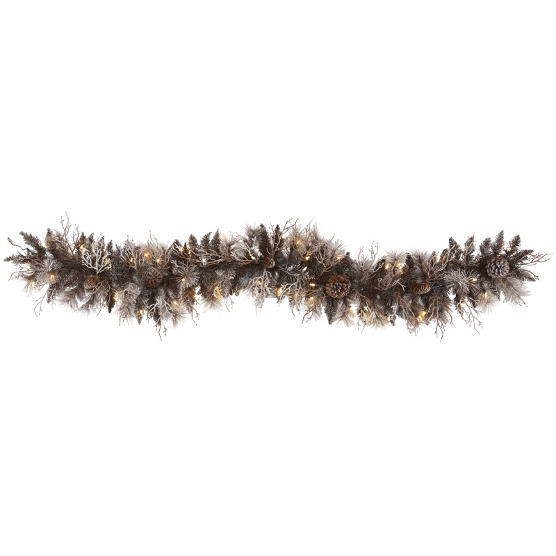6' Flocked Artificial Christmas Garland With 50 White Warm Led Lights And Pine Cones
