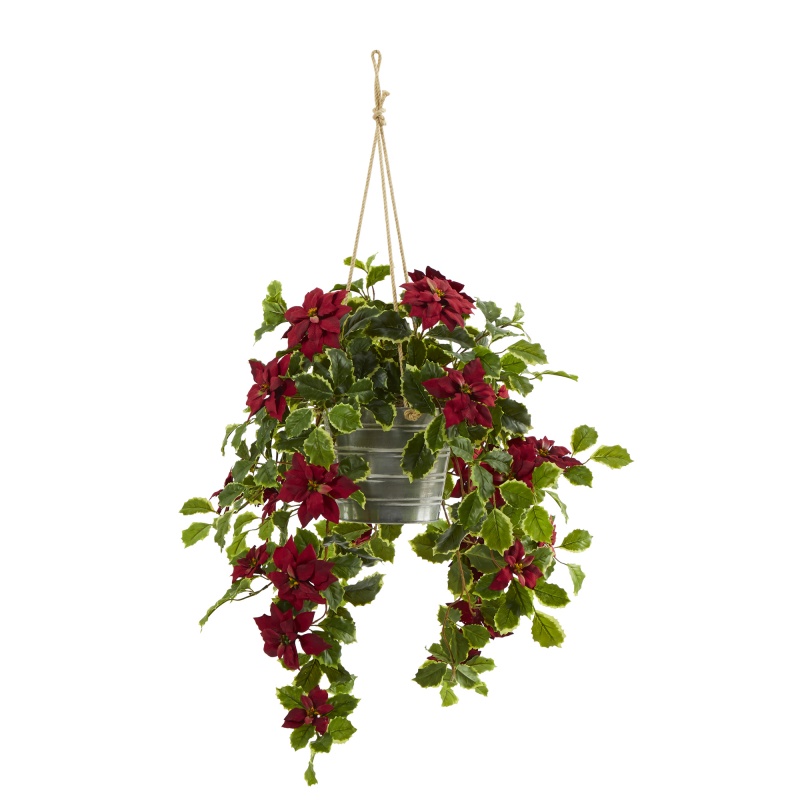 3.5’ Poinsettia and Variegated Holly Artificial Plant in Hanging Metal Bucket