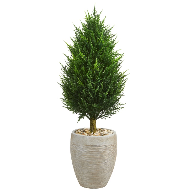 40” Cypress Cone Artificial Tree In Sand Colored Oval Planter Uv Resistant (Indoor/Outdoor)