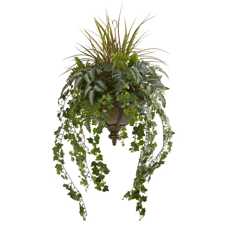 45” Ivy And Mix Greens Artificial Plant In Hanging Metal Bowl
