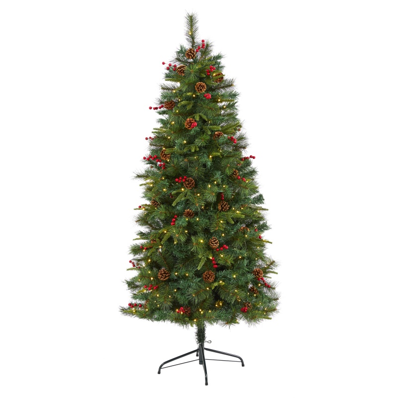 6’ Mixed Pine Artificial Christmas Tree With 250 Clear Led Lights, Pine Cones And Berries