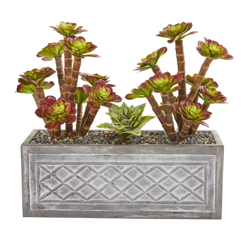 23” Echeverria Succulent Artificial Plant In Stone Planter