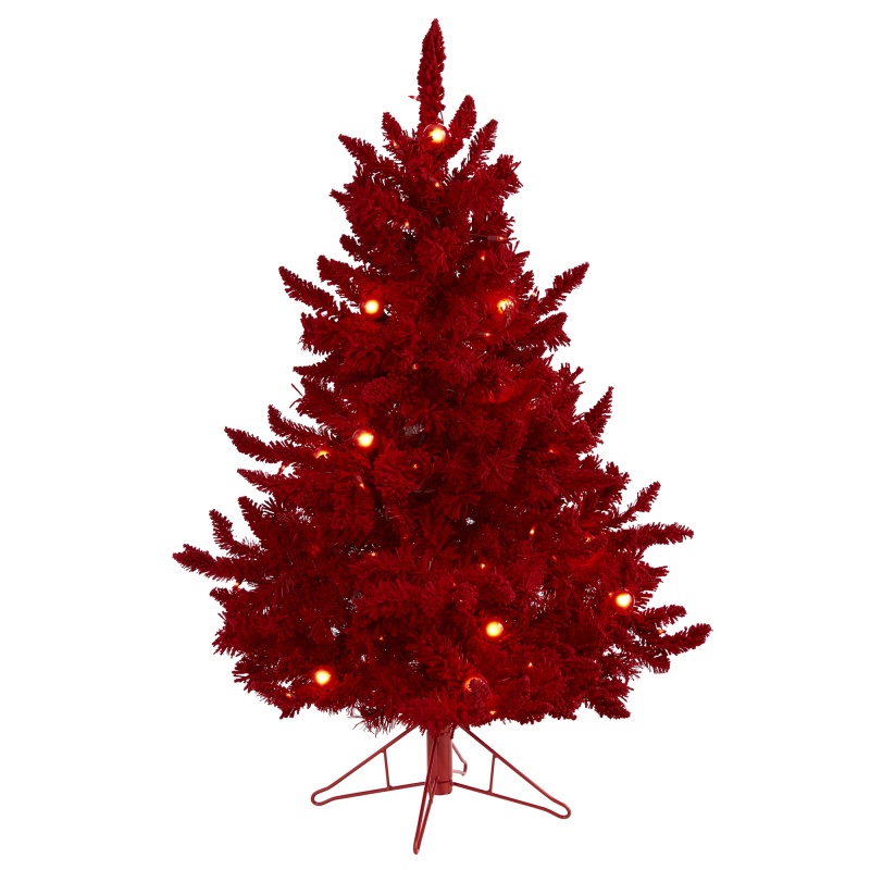 4' Red Flocked Fraser Fir Artificial Christmas Tree With 100 Red Lights, 14 Globe Bulbs And 270 Bendable Branches