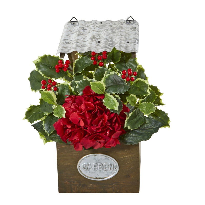 14” Hydrangea And Holly Leaf Artificial Arrangement In Tin Roof Planter