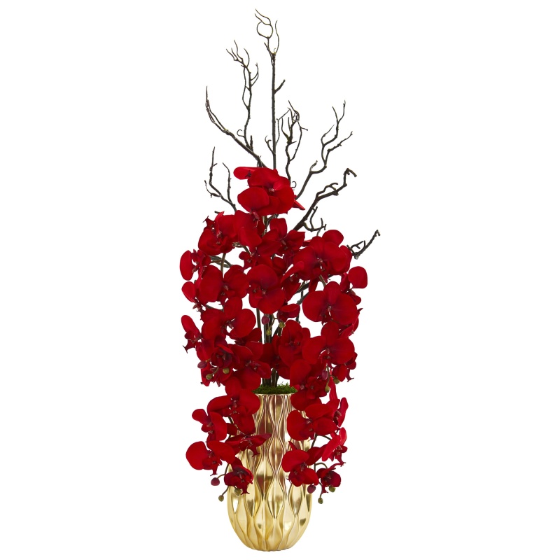 Red Phalaenopsis Orchid Artificial Arrangement In Gold Vase