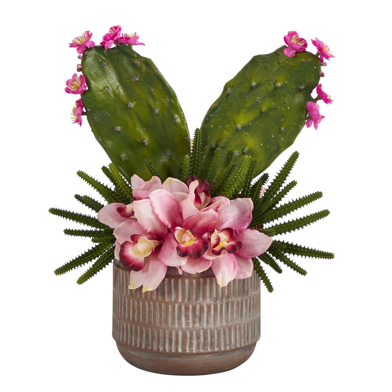 18” Cymbidium Orchid And Cactus Artificial Arrangement In Stoneware Vase
