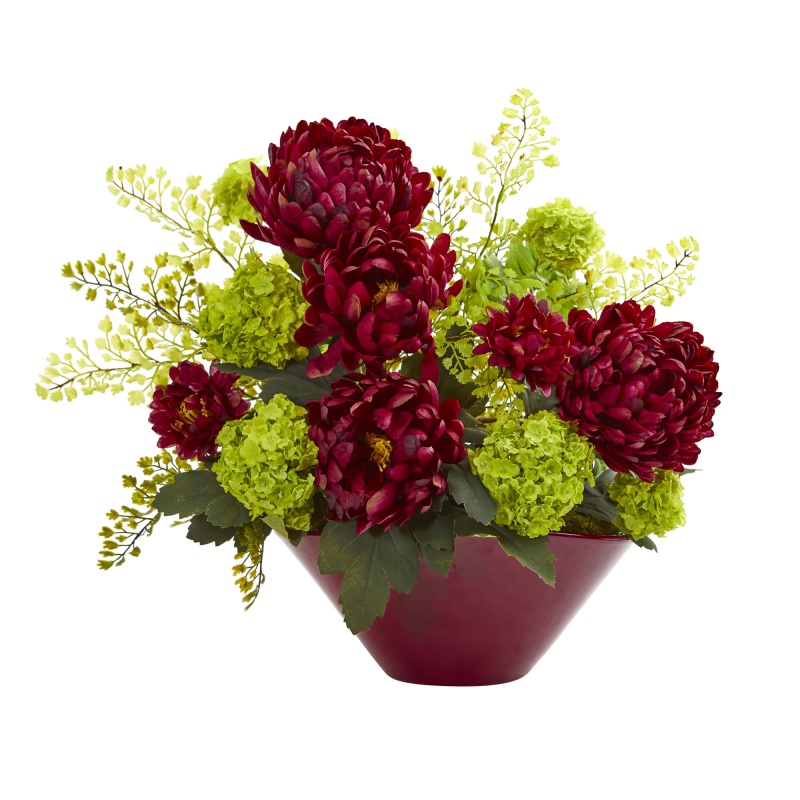 Burgundy Artificial Mum and Hydrangea Arrangement