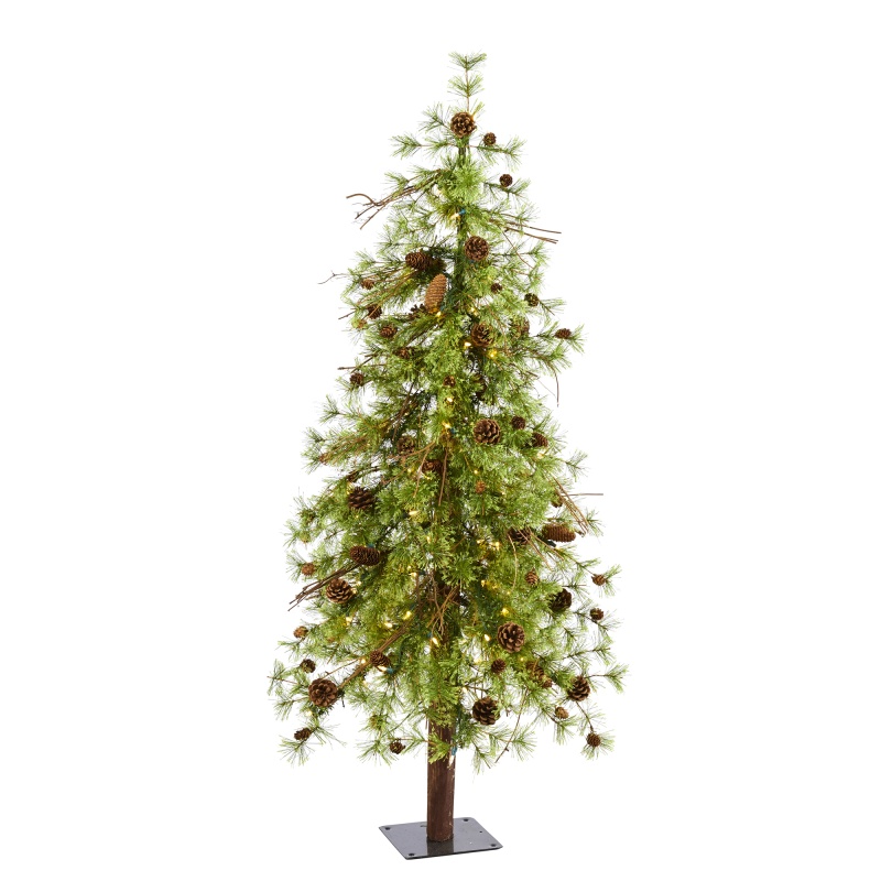 5' Wyoming Alpine Artificial Christmas Tree With 100 Clear (Multifunction) Led Lights And Pine Cones On Natural Trunk
