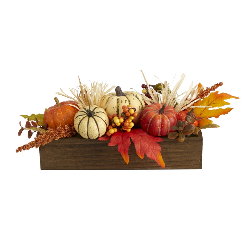 16” Harvest Pumpkin And Berries Artificial Arrangement In Wood Vase
