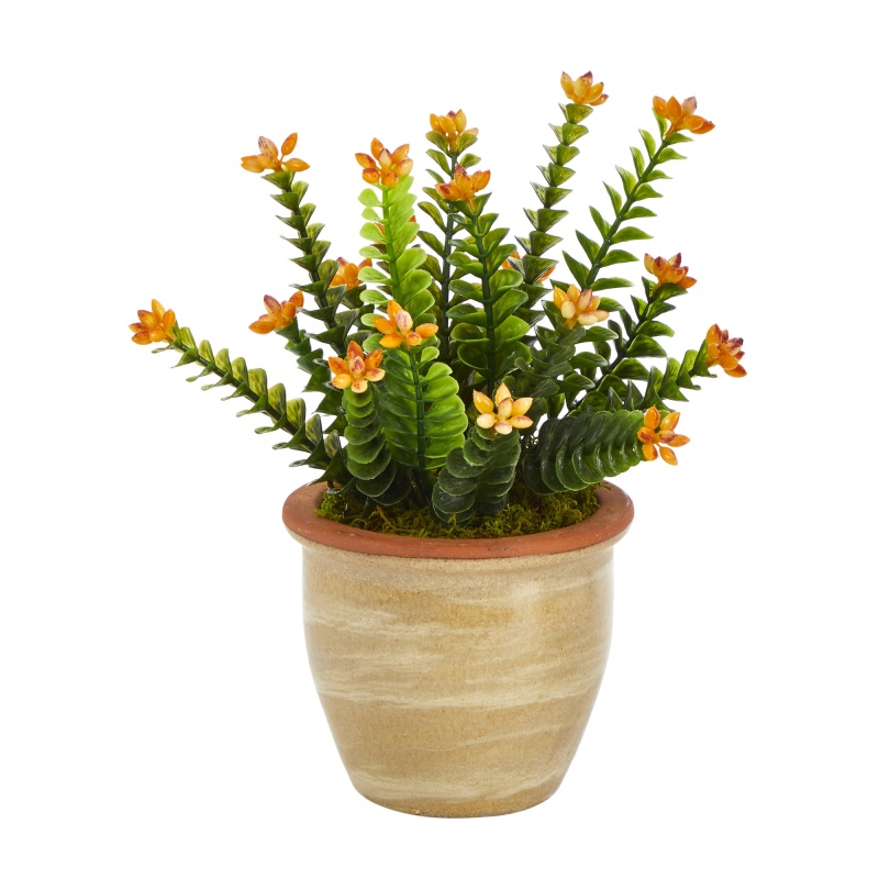 10" Flowering Sedum Succulent Artificial Plant In Ceramic Planter