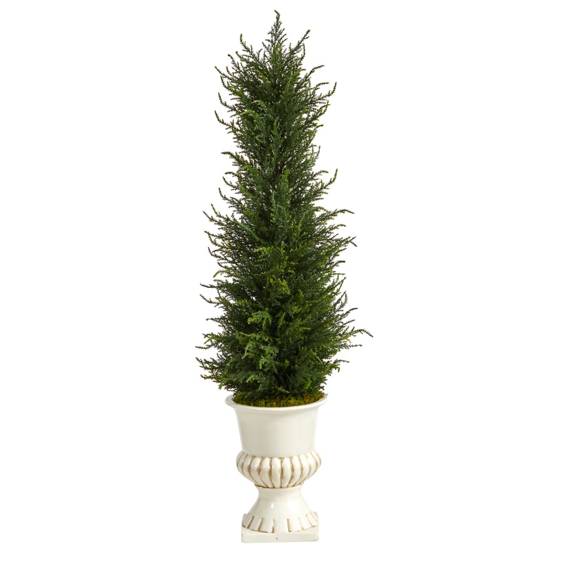 39” Cypress Artificial Tree In White Urn Uv Resistant (Indoor/Outdoor)