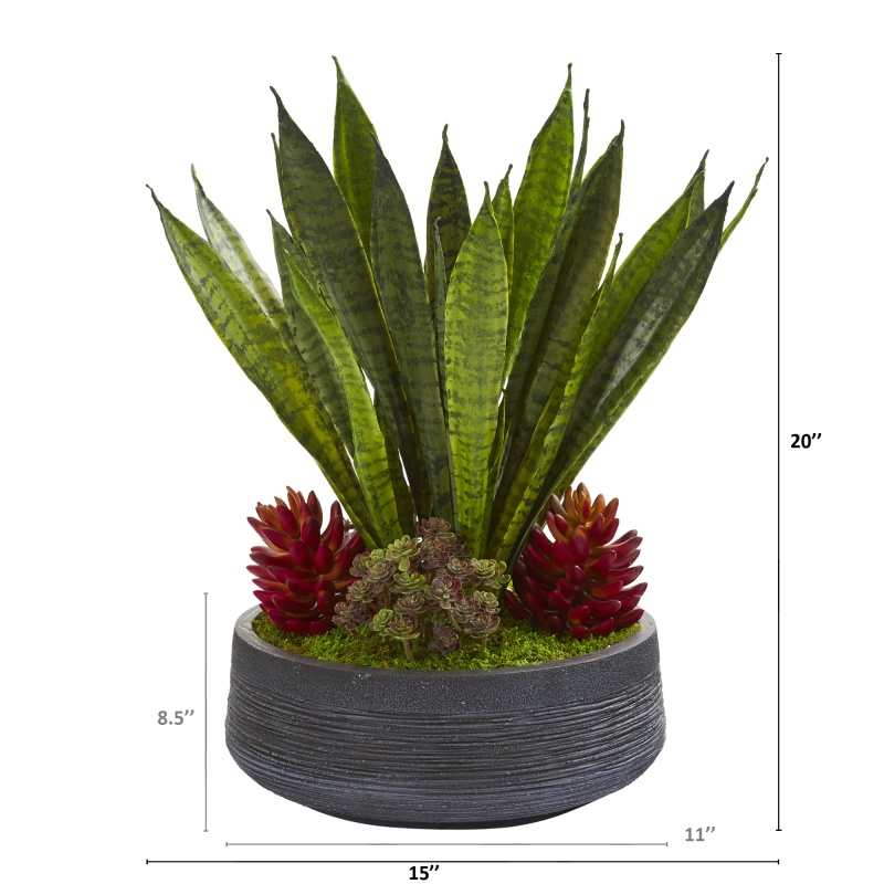 20” Succulent And Sansevieria Artificial Plant In Decorative Bowl
