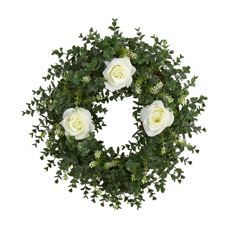 18” Eucalyptus And Rose Double Ring Artificial Wreath With Twig Base