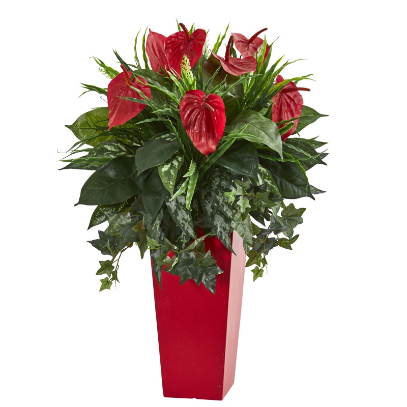 Mixed Anthurium Artificial Plant In Red Planter