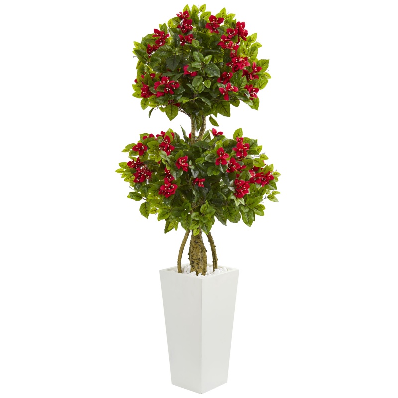 5’ Double Bougainvillea Artificial Tree In White Tower Planter