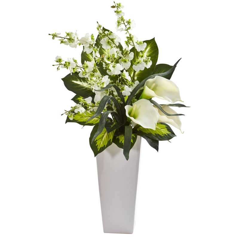 29” Calla Lily & Orchid Artificial Arrangement In Black Vase