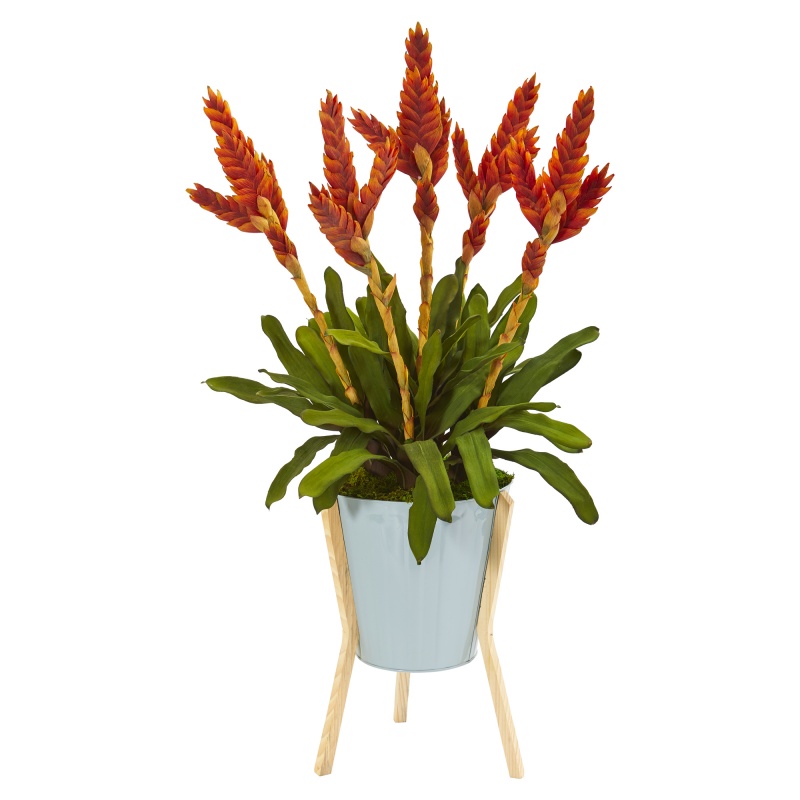 35” Tropical Bromeliad Artificial Plant In Green Planter With Stand
