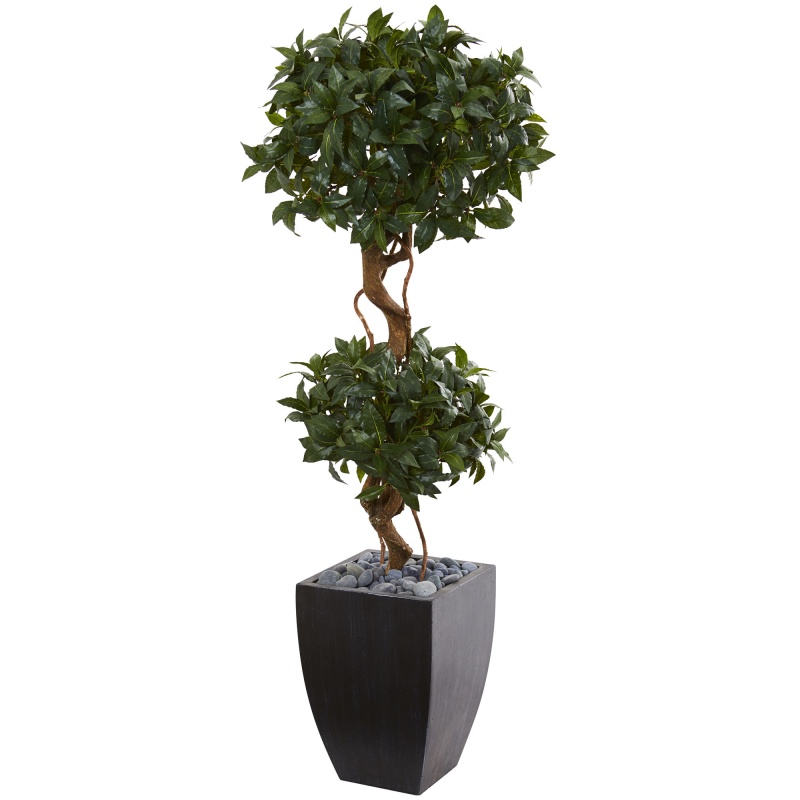 4.5' Sweet Bay Artificial Double Topiary Tree In Black Wash Planter