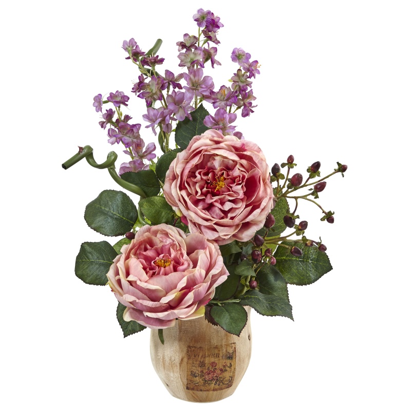 Large Rose And Dancing Daisy In Wooden Pot
