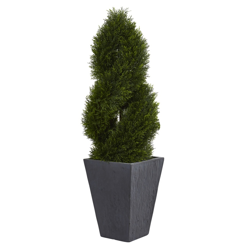 4’ Cypress Double Spiral Topiary Artificial Tree In Slate Planter Uv Resistant (Indoor/Outdoor)