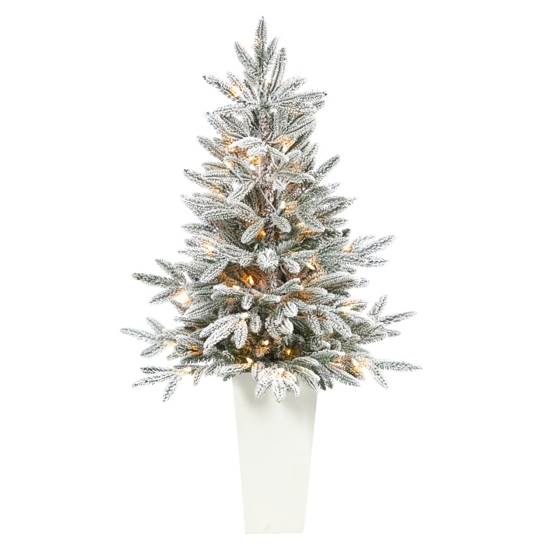 44” Flocked Manchester Spruce Artificial Christmas Tree With 50 Lights And 133 Bendable Branches In White Planter