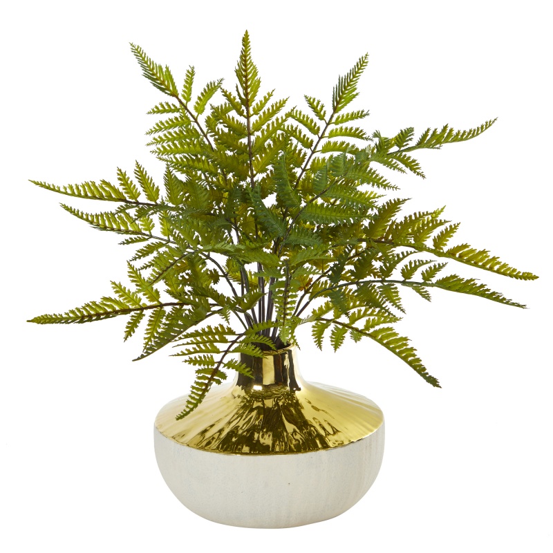 14” Fern Artificial Plant In Gold And Cream Elegant Vase