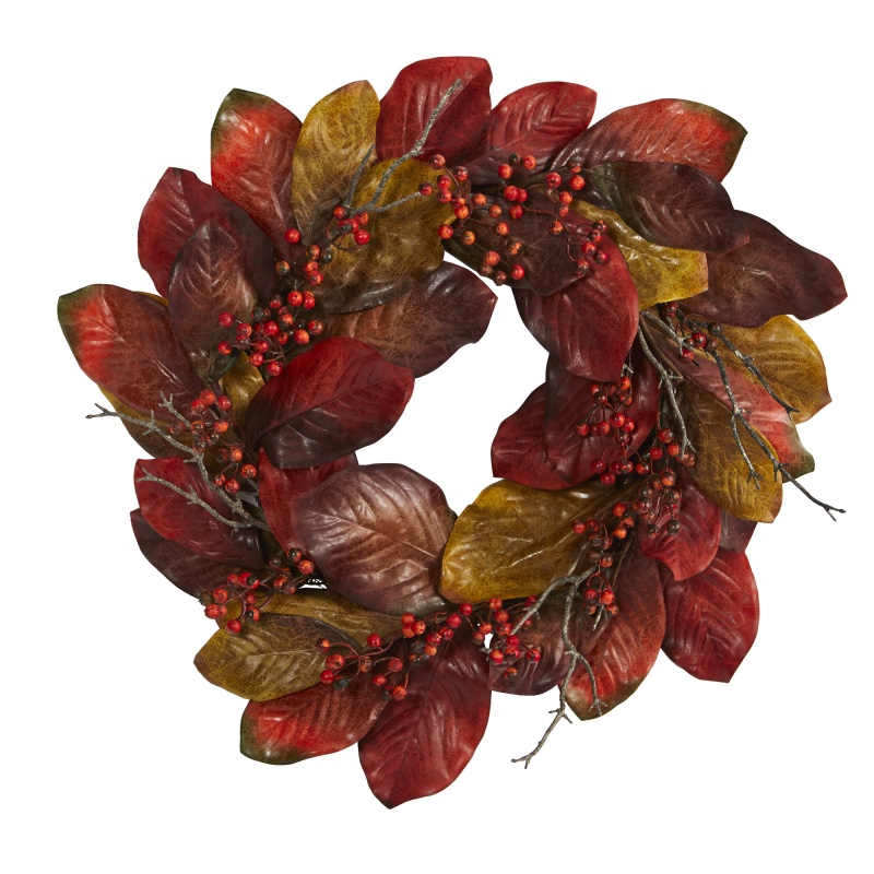 24” Harvest Magnolia Leaf And Berries Artificial Wreath