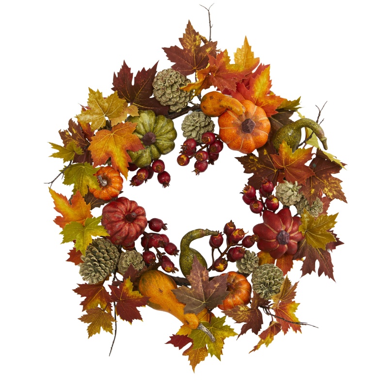 24” Pumpkin, Gourd, Berry And Maple Leaf Wreath