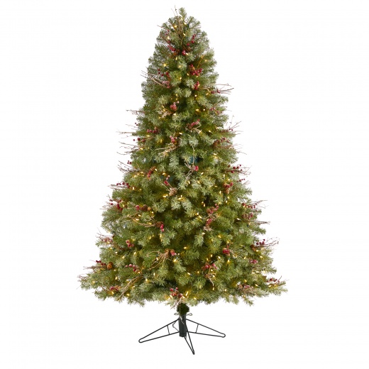6.5' Lightly Frosted Big Sky Spruce Artificial Christmas Tree With 450 Clear (Multifunction) Led Lights With Instant Connect Technology, Berries, Pine Cones And 904 Bendable Branches