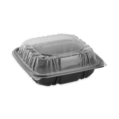 Pactiv Earthchoice Vented Dual Color Microwavable Hinged Lid Container, 1-Compartment, 28Oz, 7.5X7.5X3, Black/Clear, Plastic, 150/Ct