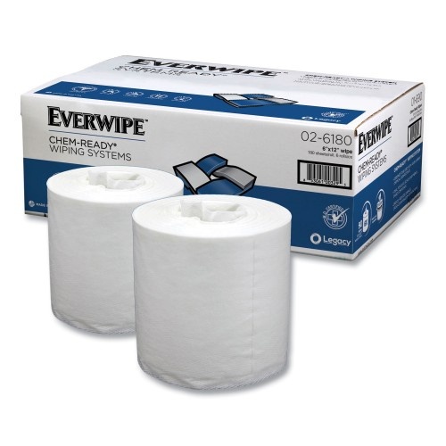 Everwipe Chem-Ready Dry Wipes, 1-Ply, 5 X 2.16, Unscented, White, 180/Roll, 6 Rolls/Carton