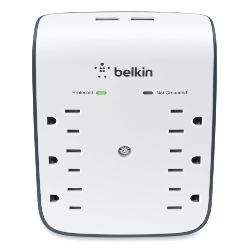 Belkin Surgeplus Usb Wall Mount Charger, 6 Ac Outlets/2 Usb Ports, 900 J, White/Black