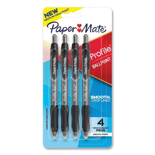 Paper Mate Profile Ballpoint Pen, Retractable, Medium 1 Mm, Black Ink, Translucent Black Barrel, 4/Pack