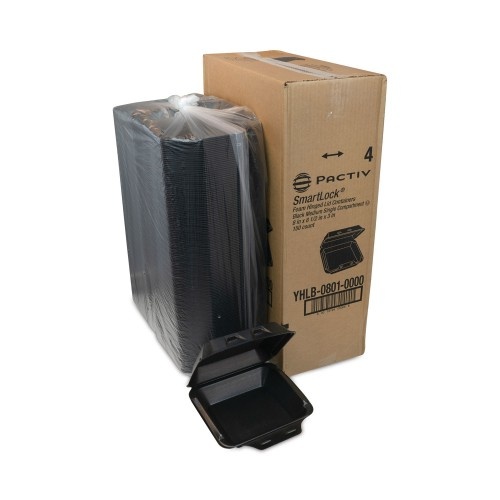 Pactiv Smartlock Foam Hinged Lid Container, Medium, 8 X 8.5 X 3, Black, 150/Carton