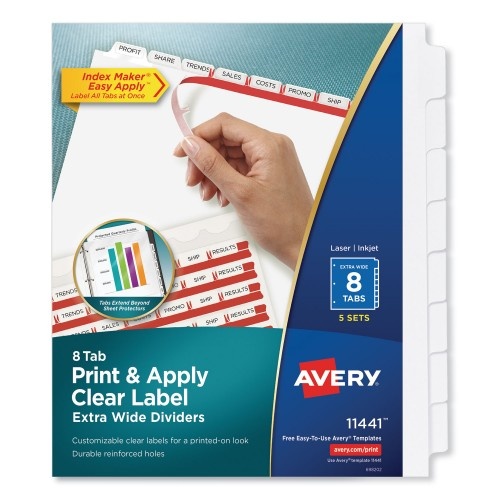 Avery Print And Apply Index Maker Clear Label Dividers, Extra Wide Tabs, 8-Tab, 11.25 X 9.25, White, 5 Sets