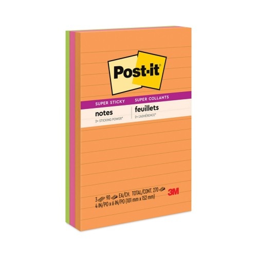 Post-It Pads In Energy Boost Collection Colors, Note Ruled, 4" X 6", 90 Sheets/Pad, 3 Pads/Pack
