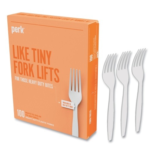 Perk Heavyweight Plastic Cutlery, Fork, White, 100/Pack