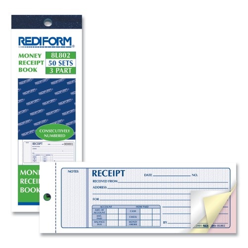 Rediform Receipt Book, Three-Part Carbonless, 7 X 2.75, 4 Forms/Sheet, 50 Forms Total